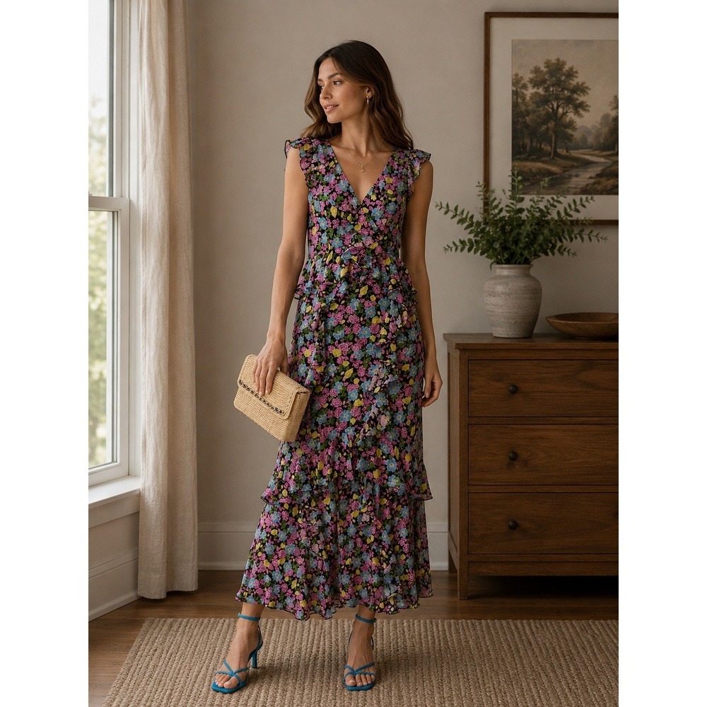 AMUR Dress Womens 2 Floral Evita Ruffle Silk Maxi Cottagecore Wedding Guest